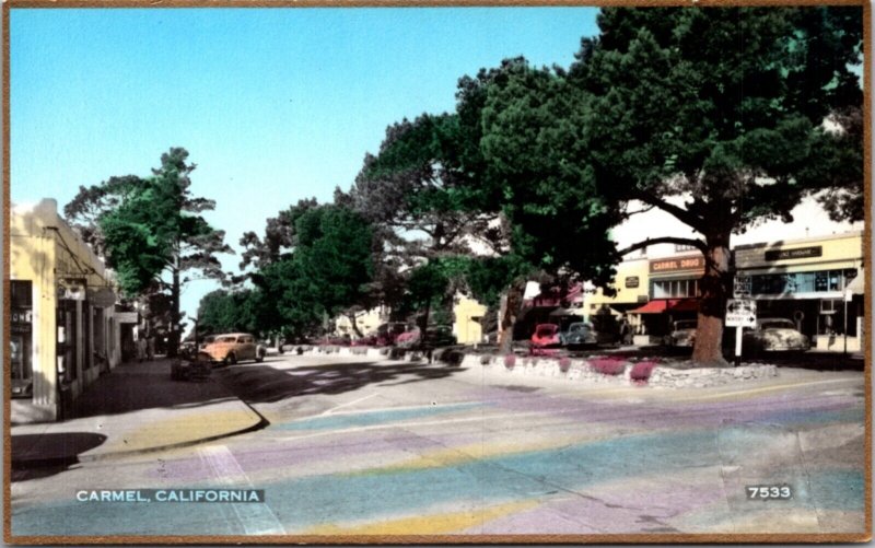 Hand Colored Postcard Street Scene in Carmel, California 