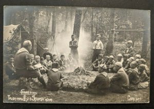 Mint Vintage Boy Scouts Around The Fire With Scout Leader Real Picture Postcard