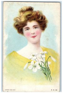 1909 Pretty Woman Curly Hair Lilies Flowers Oakland Maryland MD Antique Postcard