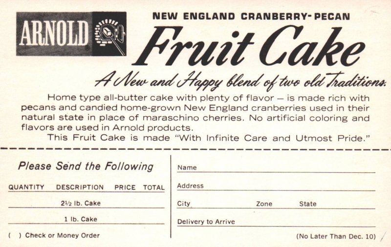 Arnold Fruit Cake - New England Cranberry Pecan Old Tradition - c1950