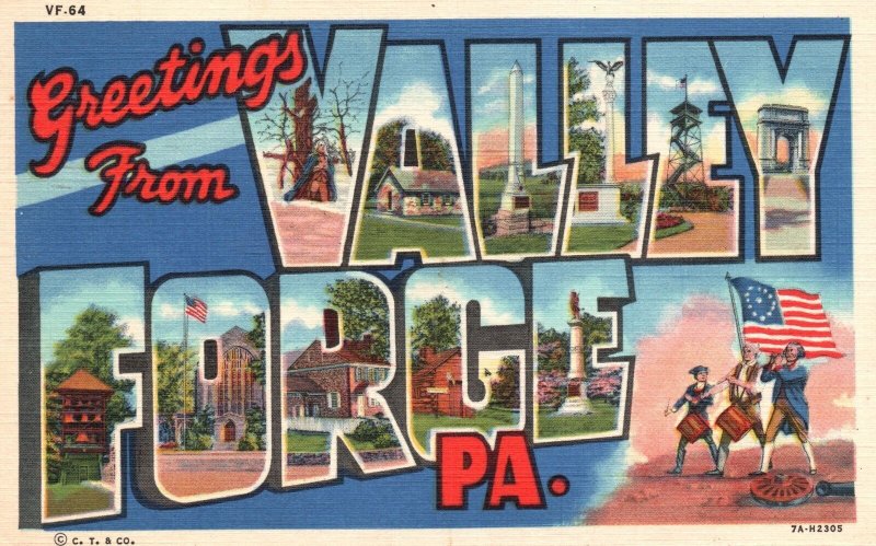 Postcard 1951 Large Letter Greetings Valley Forge Pennsylvania Monuments Towers