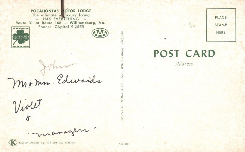 Vintage Postcard Pocahontas Motor Lodge Route 168 Williamsburg Virginia VA