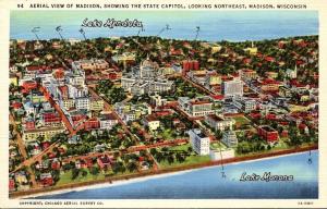 Wisconsin Madison Aerial View Looking Northeast Showing State Capitol Curteich