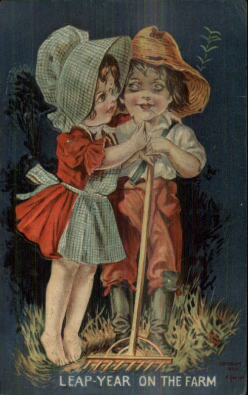 Leap Year - Cute Kids Farming Clothes 1908 Postcard