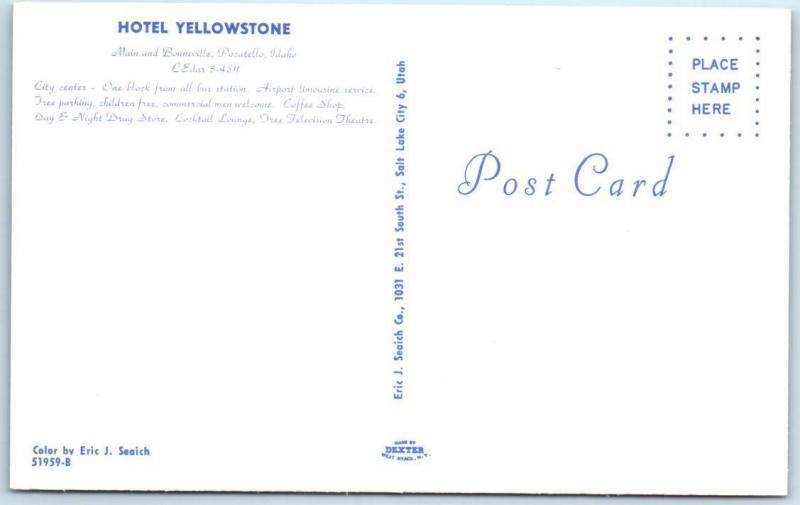 POCATELLO, Idaho  ID   Roadside  HOTEL YELLOWSTONE  Cab, Taxi ~ c1950s Postcard