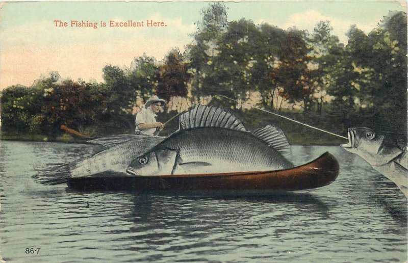 Fishing exaggeration monster freak fishes Troy Maine by J. Herman 1913 postcards 