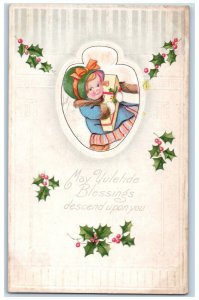 c1910's Christmas Little Girl With Gift Holly Berries Embossed Antique Postcard 