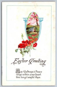 Easter Greeting, Poppies, Rural Scene, Antique Embossed Postcard