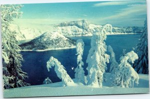 postcard Oregon - Crater Lake Wizard Island in winter