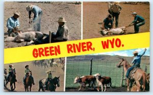 Greeting From GREEN RIVER, WY Wyoming ~ RANCHING COWBOYS c1950s BANNER  Postcard