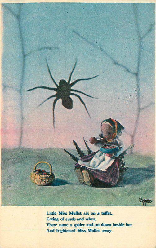 1930s Nursery Rhymes Little Miss Mufffet Spider Dixons postcard 12560