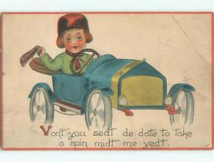 Pre-Linen comic BOY DRIVING VERY EARLY CAR k3657