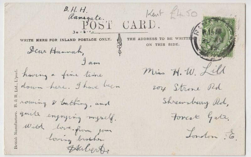 Kent; Entrance To Harbour, Ramsgate PPC By B&R, 1915, To Miss Lill, Forest Gate 