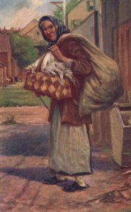 Vintage Postcard 1910's Portrait of Old Woman Carrying Bag with Head Scarf Art