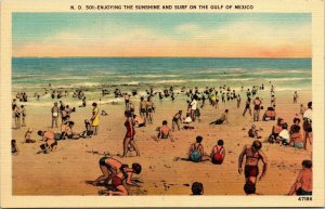 Enjoying Sunshine Surf Gulf Mexico Beach Sunbathing Linen Postcard VTG UNP 