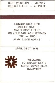 Badger State Matchcover Club, 1985, Matchbook Cover, Bank of Wisconsin