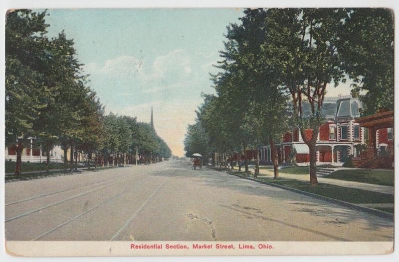 1907 LIMA Ohio Postcard MARKET STREET Homes Allen County Buggy
