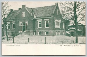 Spencer Iowa~Carnegie Library in Snow~House Behind~Razed 1970~c1905 B&W Postcard 