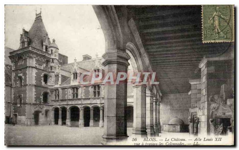 Blois Old Postcard The chateuea wing Louis XII view through the colonnades