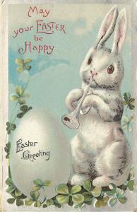 Embossed Chromograph Easter Postcard Anthropomorphic White Rabbit Plays Trumpet