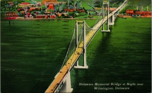 Night View Delaware Memorial Bridge Wilmington DE Linen Postcard A8