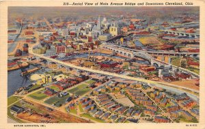 Cleveland Ohio 1944 Postcard Aerial View Main Avenue Bridge & Downtotn