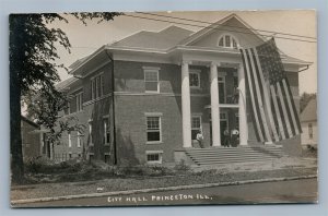 PRINCETON IL CITY HALL ANTIQUE REAL PHOTO POSTCARD RPPC w/ US FLAG