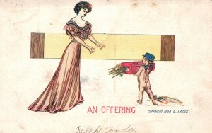 Vintage Postcard 1910's An Offering Little Kid Offering Flower In A Box