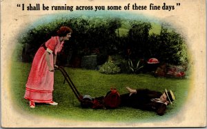 Vtg 1910s I Shall be running across you...Lady Mowing Over Man Comic Postcard