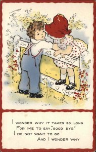 Whitney Boy and Sunbonnet Girl Talk Over Fence Romance Vintage Postcard