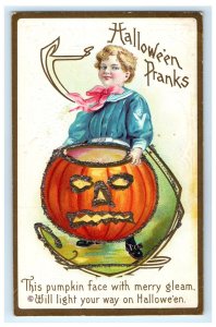 Antique Halloween Pranks Jack-o-lantern Young Child Boy Postcard (FM13)