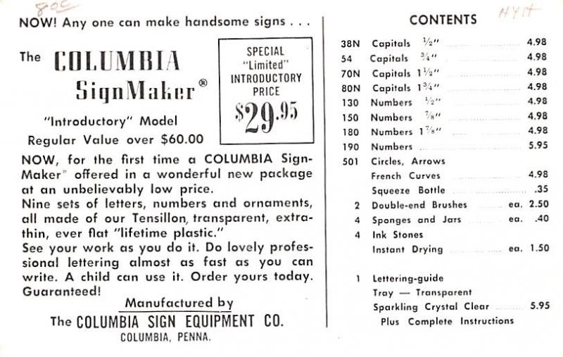 Columbia Sign Maker Advertising Unused 