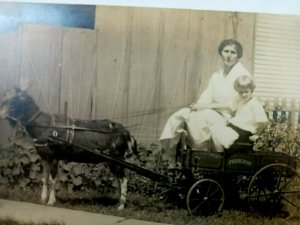 Vintage Postcard Pony Pulling Wagon with Mom and Daughter 