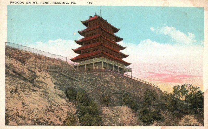 Vintage Postcard 1920's Pagoda On Mount Penn. Reading Pennsylvania PA 