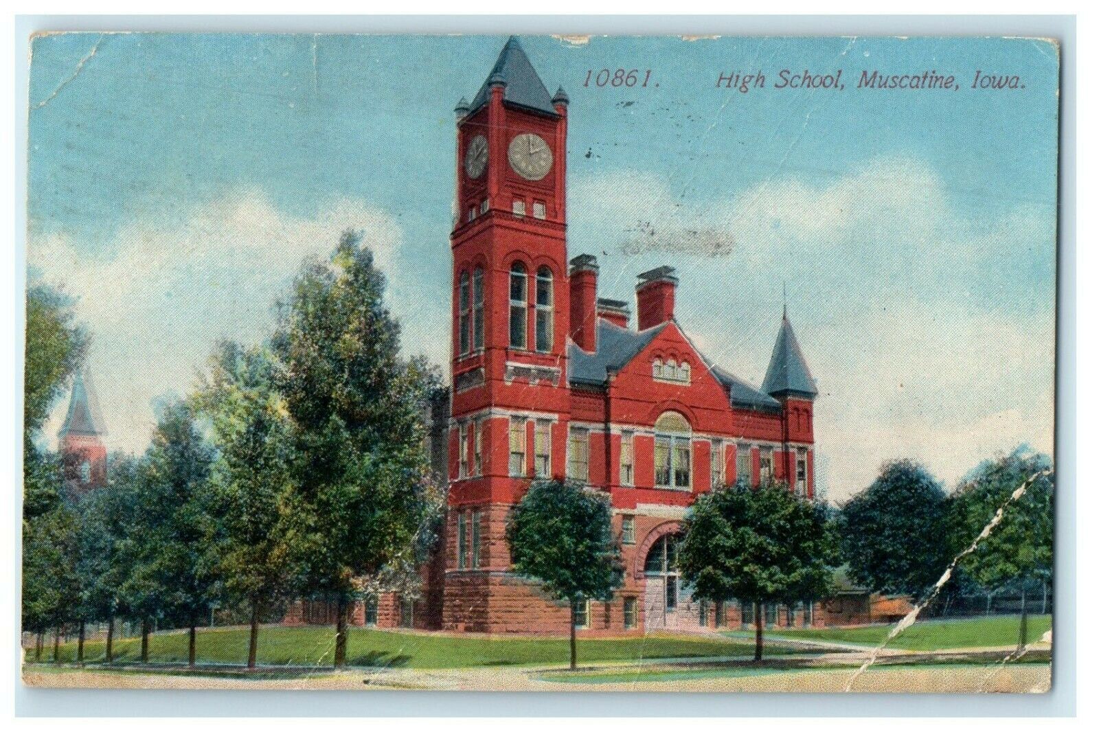 1913 View Of High School Building Tower Clock Muscatine Iowa IA Antique