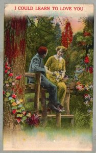 Vintage Postcard 1917 I Could Learn To Love You.  Couple on Bench Love Romance