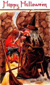 Vintage Witch, Broom, Hat, Boiling, Cauldron,Fireplace,Spell, Halloween Postcard