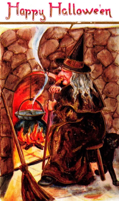 Vintage Witch, Broom, Hat, Boiling, Cauldron,Fireplace,Spell, Halloween Postcard