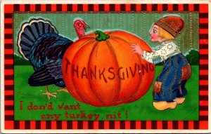 Gel Thanksgiving Postcard Dutch Boy with a Giant Pumpkin and Turkey