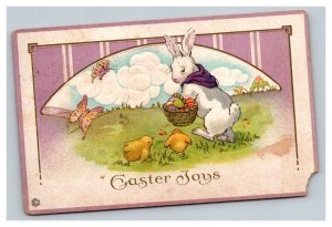 Vintage 1917 Easter Postcard Cute White Bunny with Basket of Colored Eggs Chicks