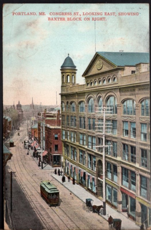 Maine PORTLAND Congress St. looking East Baxter Block - pm1908 - Divided Back