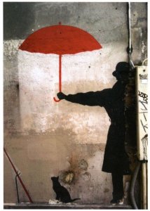 Cat Under Umbrella Rain French Cats Paris Street Art Graffiti Postcard