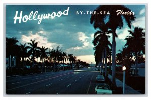 Hollywood Boulevard Street View Night Hollywood Florida UNP Chrome Postcard R2