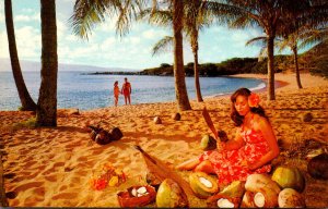 Hawaii Maui Kapalua (Fleming) Beach Native Girl Opening Coconuts