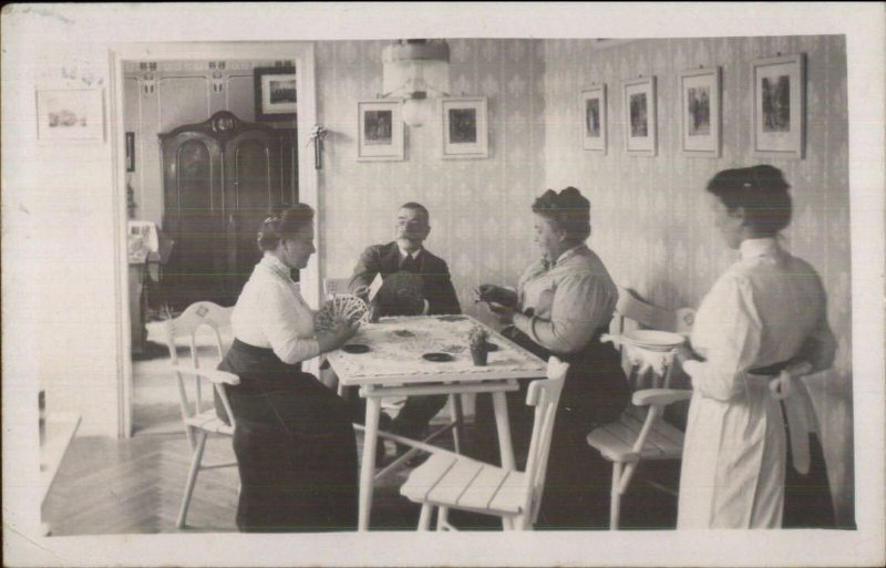 Card Game Playing Cards Maid Home Interior c1910 Real Photo Postcard AMATEUR