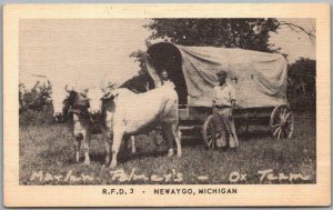 NEWAYGO, Michigan Postcard Marlen Palmer's Ox Team Covered Wagon Linen 1940s 
