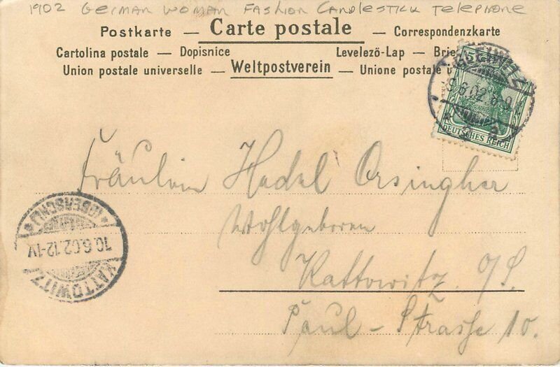 German woman Fashion candlestick Telephone 1902 Postcard undivided 22-8072 