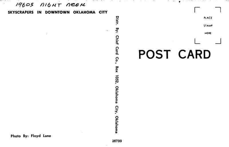 1960s Night Neon Skyscrapers Downtown Oklahoma City Chief postcard 136