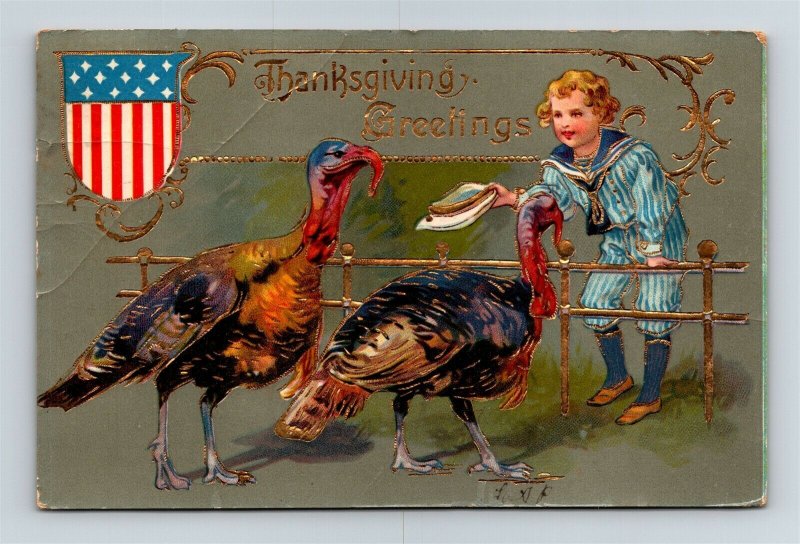 Postcard Patriotic Thanksgiving Greetings Child Turkeys c1910s Gold Gilt AC26