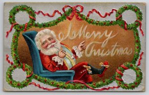 Christmas Greetings Fancy Santa Claus Relaxing in Chair Postcard J22